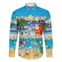 Polynesian Merry Christmas Family Matching Tank Maxi Dress and Hawaiian Shirt Funny Santa Beach Tropical Plant and Turtle LT03 Dad's Shirt - Long Sleeve Multicolor - Polynesian Pride