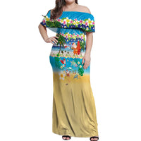Polynesian Merry Christmas Off Shoulder Maxi Dress Funny Santa Beach Tropical Plant and Turtle - Polynesian Pride