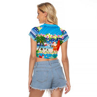 Polynesian Merry Christmas Raglan Cropped T Shirt Funny Santa Beach Tropical Plant and Turtle - Polynesian Pride