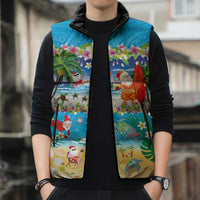 Polynesian Merry Christmas Sleeveless Puffer Jacket Funny Santa Beach Tropical Plant and Turtle - Polynesian Pride
