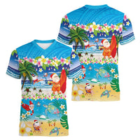Polynesian Merry Christmas Women V-Neck T-Shirt Funny Santa Beach Tropical Plant and Turtle - Polynesian Pride