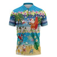 Polynesian Merry Christmas Zipper Polo Shirt Funny Santa Beach Tropical Plant and Turtle - Polynesian Pride