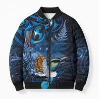 Aotearoa Matariki Bomber Puffer Jacket Maori Tribal with Silver Fern and Tui Bird Galaxy Style - Polynesian Pride