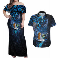 Aotearoa Matariki Couples Matching Off Shoulder Maxi Dress and Hawaiian Shirt Maori Tribal with Silver Fern and Tui Bird Galaxy Style LT03 Navy - Polynesian Pride