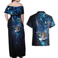 Aotearoa Matariki Couples Matching Off Shoulder Maxi Dress and Hawaiian Shirt Maori Tribal with Silver Fern and Tui Bird Galaxy Style - Polynesian Pride