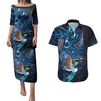 Aotearoa Matariki Couples Matching Puletasi and Hawaiian Shirt Maori Tribal with Silver Fern and Tui Bird Galaxy Style LT03 Navy - Polynesian Pride