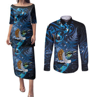 Aotearoa Matariki Couples Matching Puletasi and Long Sleeve Button Shirt Maori Tribal with Silver Fern and Tui Bird Galaxy Style LT03 Navy - Polynesian Pride