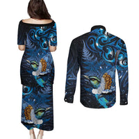 Aotearoa Matariki Couples Matching Puletasi and Long Sleeve Button Shirt Maori Tribal with Silver Fern and Tui Bird Galaxy Style LT03 - Polynesian Pride