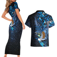Aotearoa Matariki Couples Matching Short Sleeve Bodycon Dress and Hawaiian Shirt Maori Tribal with Silver Fern and Tui Bird Galaxy Style LT03 - Polynesian Pride