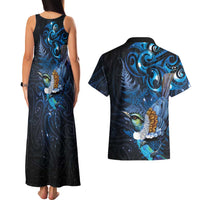 Aotearoa Matariki Couples Matching Tank Maxi Dress and Hawaiian Shirt Maori Tribal with Silver Fern and Tui Bird Galaxy Style LT03 - Polynesian Pride