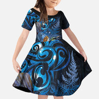 Aotearoa Matariki Family Matching Long Sleeve Bodycon Dress and Hawaiian Shirt Maori Tribal with Silver Fern and Tui Bird Galaxy Style LT03 Daughter's Dress Navy - Polynesian Pride