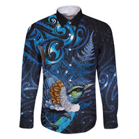 Aotearoa Matariki Family Matching Long Sleeve Bodycon Dress and Hawaiian Shirt Maori Tribal with Silver Fern and Tui Bird Galaxy Style LT03 Dad's Shirt - Long Sleeve Navy - Polynesian Pride