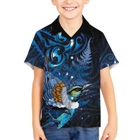 Aotearoa Matariki Family Matching Long Sleeve Bodycon Dress and Hawaiian Shirt Maori Tribal with Silver Fern and Tui Bird Galaxy Style LT03 Son's Shirt Navy - Polynesian Pride