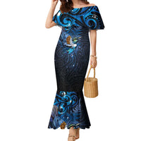 Aotearoa Matariki Family Matching Mermaid Dress and Hawaiian Shirt Maori Tribal with Silver Fern and Tui Bird Galaxy Style LT03 Mom's Dress Navy - Polynesian Pride