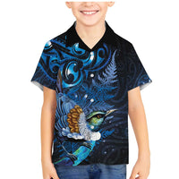 Aotearoa Matariki Family Matching Mermaid Dress and Hawaiian Shirt Maori Tribal with Silver Fern and Tui Bird Galaxy Style LT03 Son's Shirt Navy - Polynesian Pride