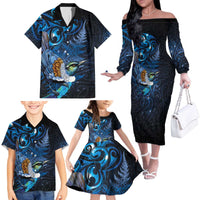 Aotearoa Matariki Family Matching Off The Shoulder Long Sleeve Dress and Hawaiian Shirt Maori Tribal with Silver Fern and Tui Bird Galaxy Style LT03 - Polynesian Pride