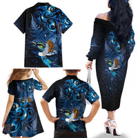 Aotearoa Matariki Family Matching Off The Shoulder Long Sleeve Dress and Hawaiian Shirt Maori Tribal with Silver Fern and Tui Bird Galaxy Style LT03 - Polynesian Pride