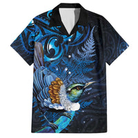 Aotearoa Matariki Family Matching Off The Shoulder Long Sleeve Dress and Hawaiian Shirt Maori Tribal with Silver Fern and Tui Bird Galaxy Style LT03 Dad's Shirt - Short Sleeve Navy - Polynesian Pride