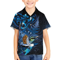 Aotearoa Matariki Family Matching Off The Shoulder Long Sleeve Dress and Hawaiian Shirt Maori Tribal with Silver Fern and Tui Bird Galaxy Style LT03 Son's Shirt Navy - Polynesian Pride