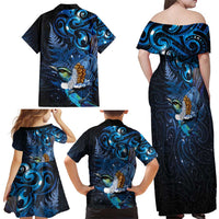 Aotearoa Matariki Family Matching Off Shoulder Maxi Dress and Hawaiian Shirt Maori Tribal with Silver Fern and Tui Bird Galaxy Style LT03 - Polynesian Pride