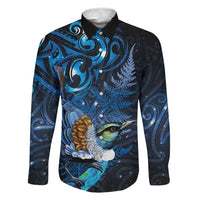 Aotearoa Matariki Family Matching Off Shoulder Maxi Dress and Hawaiian Shirt Maori Tribal with Silver Fern and Tui Bird Galaxy Style LT03 Dad's Shirt - Long Sleeve Navy - Polynesian Pride