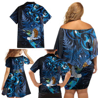 Aotearoa Matariki Family Matching Off Shoulder Short Dress and Hawaiian Shirt Maori Tribal with Silver Fern and Tui Bird Galaxy Style LT03 - Polynesian Pride