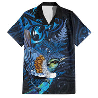 Aotearoa Matariki Family Matching Off Shoulder Short Dress and Hawaiian Shirt Maori Tribal with Silver Fern and Tui Bird Galaxy Style LT03 Dad's Shirt - Short Sleeve Navy - Polynesian Pride