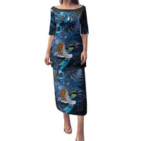 Aotearoa Matariki Family Matching Puletasi and Hawaiian Shirt Maori Tribal with Silver Fern and Tui Bird Galaxy Style LT03 Mom's Dress Navy - Polynesian Pride