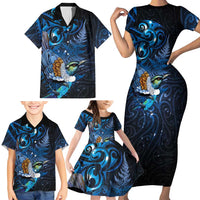 Aotearoa Matariki Family Matching Short Sleeve Bodycon Dress and Hawaiian Shirt Maori Tribal with Silver Fern and Tui Bird Galaxy Style LT03 - Polynesian Pride