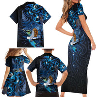 Aotearoa Matariki Family Matching Short Sleeve Bodycon Dress and Hawaiian Shirt Maori Tribal with Silver Fern and Tui Bird Galaxy Style LT03 - Polynesian Pride