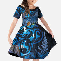 Aotearoa Matariki Family Matching Summer Maxi Dress and Hawaiian Shirt Maori Tribal with Silver Fern and Tui Bird Galaxy Style LT03 Daughter's Dress Navy - Polynesian Pride