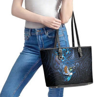 Aotearoa Matariki Leather Tote Bag Maori Tribal with Silver Fern and Tui Bird Galaxy Style - Polynesian Pride