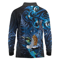 Aotearoa Matariki Long Sleeve Polo Shirt Maori Tribal with Silver Fern and Tui Bird Galaxy Style - Polynesian Pride