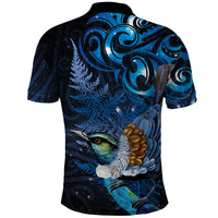 Aotearoa Matariki Polo Shirt Maori Tribal with Silver Fern and Tui Bird Galaxy Style - Polynesian Pride