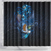 Aotearoa Matariki Shower Curtain Maori Tribal with Silver Fern and Tui Bird Galaxy Style - Polynesian Pride