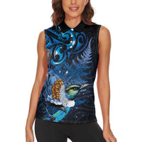 Aotearoa Matariki Women Sleeveless Polo Shirt Maori Tribal with Silver Fern and Tui Bird Galaxy Style - Polynesian Pride