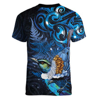 Aotearoa Matariki Women V-Neck T-Shirt Maori Tribal with Silver Fern and Tui Bird Galaxy Style - Polynesian Pride