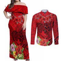 Personalised Hawaii Valentine Day Couples Matching Off Shoulder Maxi Dress and Long Sleeve Button Shirt Couple Love Heart mix Hibiscus and Polynesian Tattoo LT03 Red - Polynesian Pride