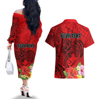 Personalised Hawaii Valentine Day Couples Matching Off The Shoulder Long Sleeve Dress and Hawaiian Shirt Couple Love Heart mix Hibiscus and Polynesian Tattoo LT03 - Polynesian Pride