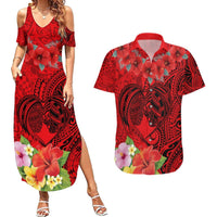 Personalised Hawaii Valentine Day Couples Matching Summer Maxi Dress and Hawaiian Shirt Couple Love Heart mix Hibiscus and Polynesian Tattoo LT03 Red - Polynesian Pride