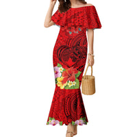 Personalised Hawaii Valentine Day Family Matching Mermaid Dress and Hawaiian Shirt Couple Love Heart mix Hibiscus and Polynesian Tattoo LT03 Mom's Dress Red - Polynesian Pride