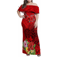 Personalised Hawaii Valentine Day Family Matching Off Shoulder Maxi Dress and Hawaiian Shirt Couple Love Heart mix Hibiscus and Polynesian Tattoo LT03 Mom's Dress Red - Polynesian Pride