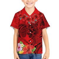 Personalised Hawaii Valentine Day Family Matching Off Shoulder Short Dress and Hawaiian Shirt Couple Love Heart mix Hibiscus and Polynesian Tattoo LT03 Son's Shirt Red - Polynesian Pride