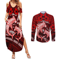 Polynesian Shark Valentine Day Couples Matching Summer Maxi Dress and Long Sleeve Button Shirt Hibiscus and Tribal Tattoo Red Style LT03 Red - Polynesian Pride