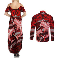 Polynesian Shark Valentine Day Couples Matching Summer Maxi Dress and Long Sleeve Button Shirt Hibiscus and Tribal Tattoo Red Style LT03 - Polynesian Pride