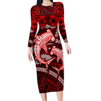 Polynesian Shark Valentine Day Family Matching Long Sleeve Bodycon Dress and Hawaiian Shirt Hibiscus and Tribal Tattoo Red Style LT03 Mom's Dress Red - Polynesian Pride