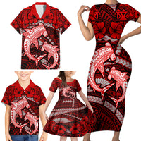 Polynesian Shark Valentine Day Family Matching Short Sleeve Bodycon Dress and Hawaiian Shirt Hibiscus and Tribal Tattoo Red Style LT03 - Polynesian Pride