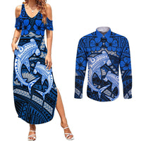 Polynesian Shark Valentine Day Couples Matching Summer Maxi Dress and Long Sleeve Button Shirt Hibiscus and Tribal Tattoo Blue Style LT03 Blue - Polynesian Pride