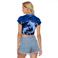 Polynesian Shark Valentine Day Raglan Cropped T Shirt Hibiscus and Tribal Tattoo Blue Style LT03 - Polynesian Pride
