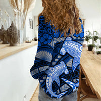 Polynesian Shark Valentine Day Women Casual Shirt Hibiscus and Tribal Tattoo Blue Style LT03 - Polynesian Pride